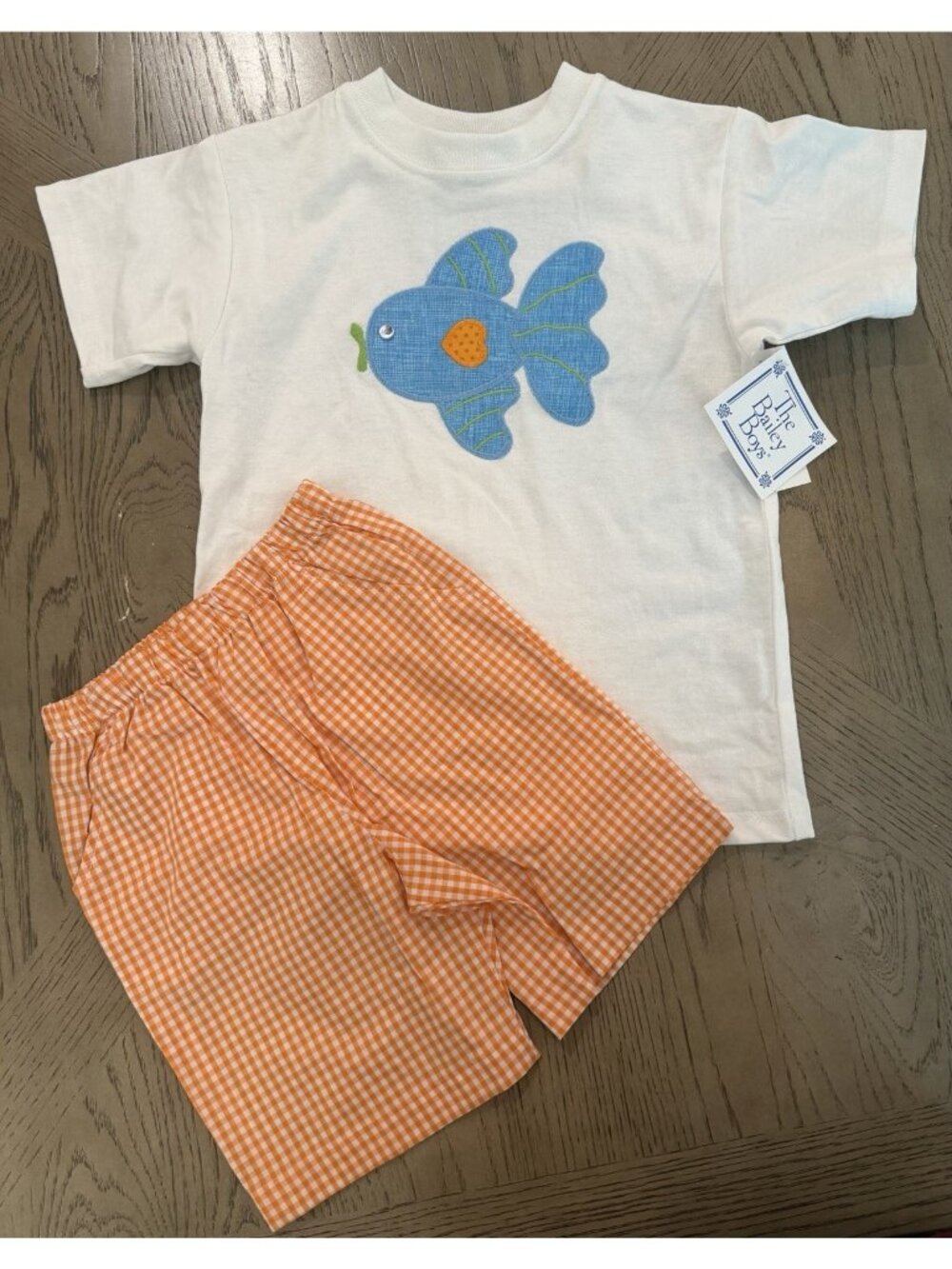 The Bailey Boys Size 5 Fish Applique T-Shirt & Orange Gingham Shorts Set